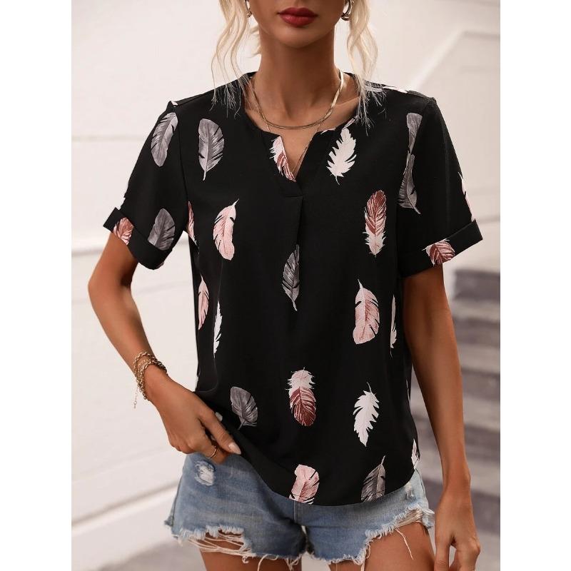 Women's Summer Blouses & Shirts V-neck Feather Printed Short Sleeve Loose T-shirt Women's Top