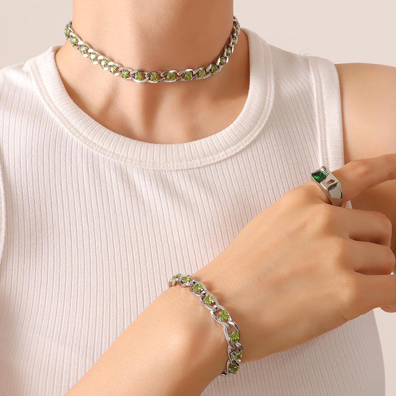 European Style Colorful Cubic Zirconia Jewelry Set with Diamond-Studded Necklace, Light Luxury Bracelet, and Exquisite Earrings