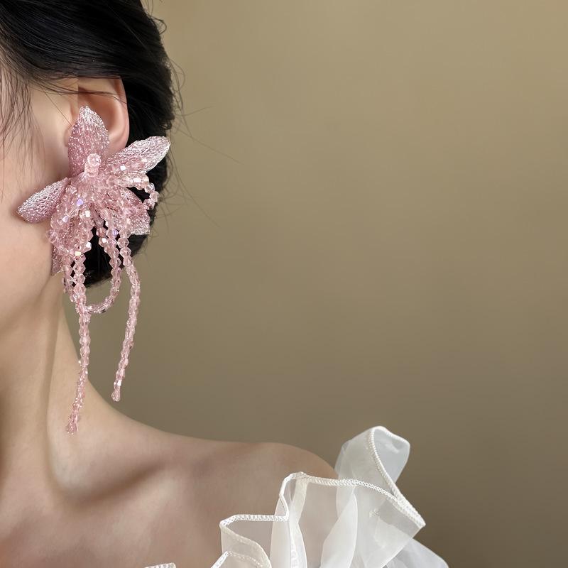 Elegant Pink Tassel Flower Stud Earrings - Exaggerated Fairy Style for Seaside Vacations