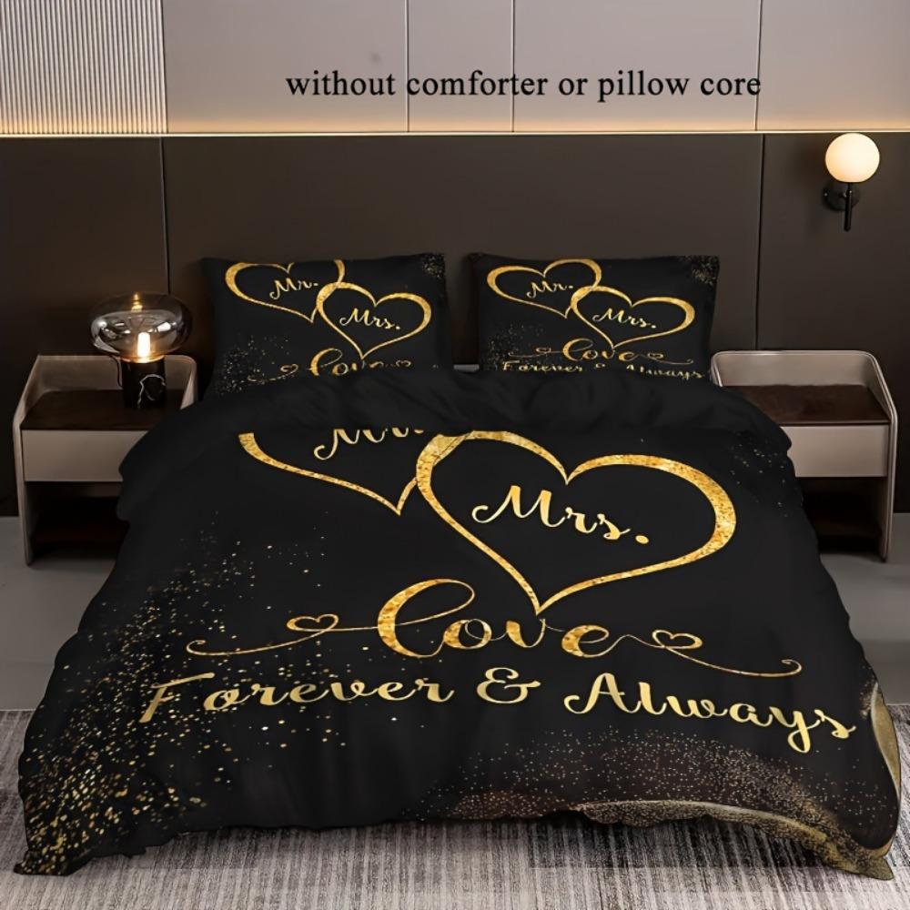 3pcs Black Golden Bedding Set Love Forever Printed Cozy Duvet Cover King Queen Twin Size Birthday Gift for Adult Bedroom Decor