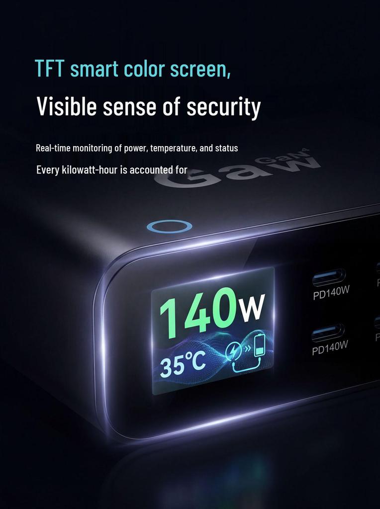 140W Gallium Nitride Fast Charger with TFT Display, PD3.1 Port, Multi-functional, 470W Fast Charging Desktop Charger