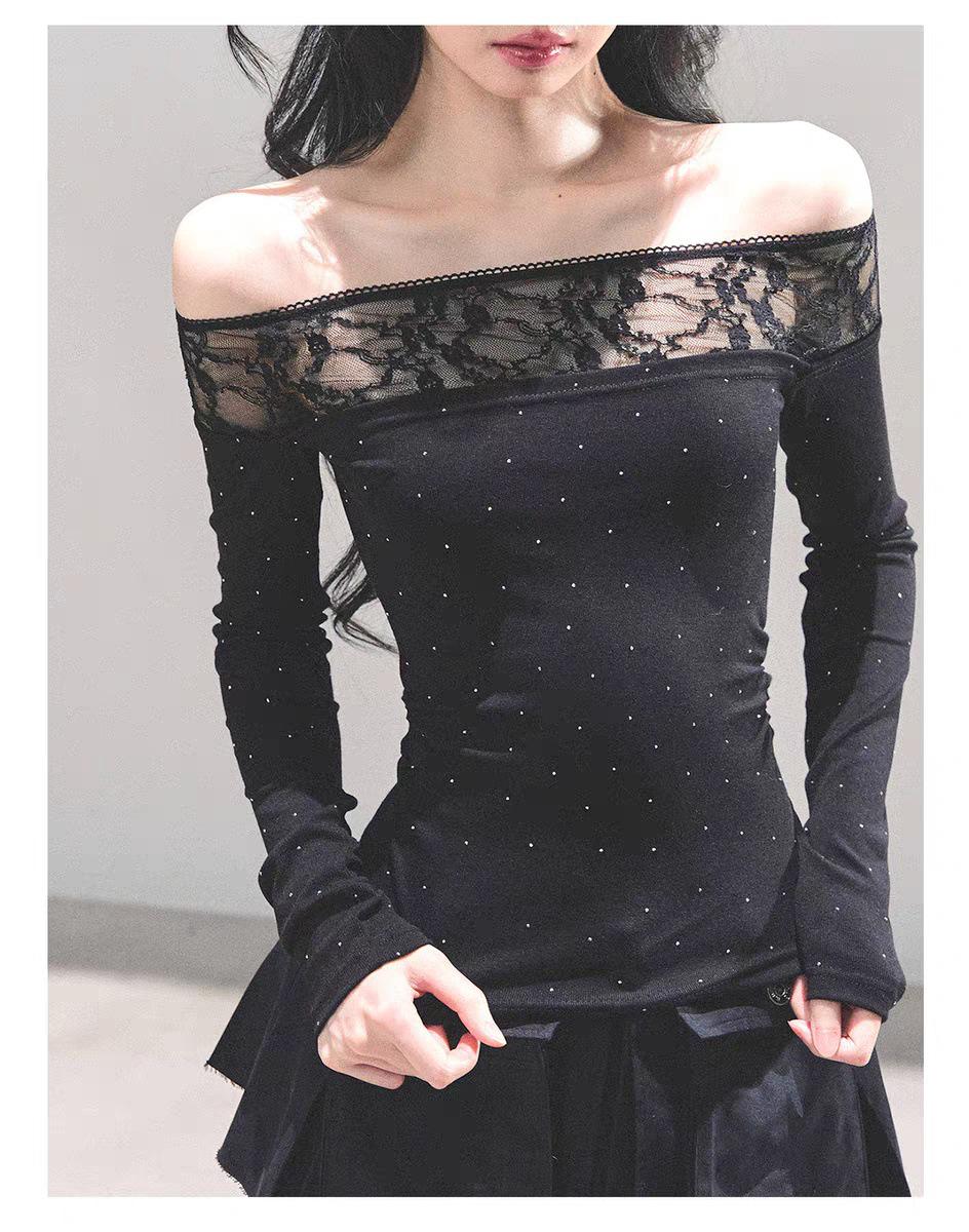 

Diamond One-Shoulder Lace Polka Dot Women s T-shirt with Chest Pads - Versatile Slimming Long Sleeve Top One Size (40-60kg) чёрный
