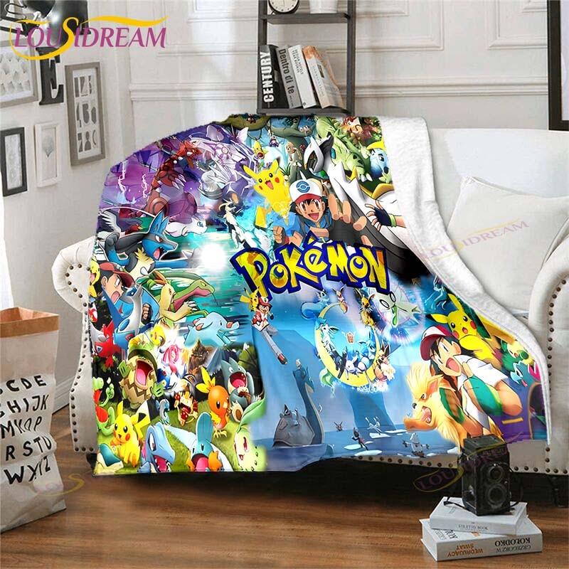 Cartoon Pokemon Printed Pikachu Fleece Plush Blanket Soft Warm Blanket for Adults and Children Bedroom Sofa Gift  Picnic Blanket