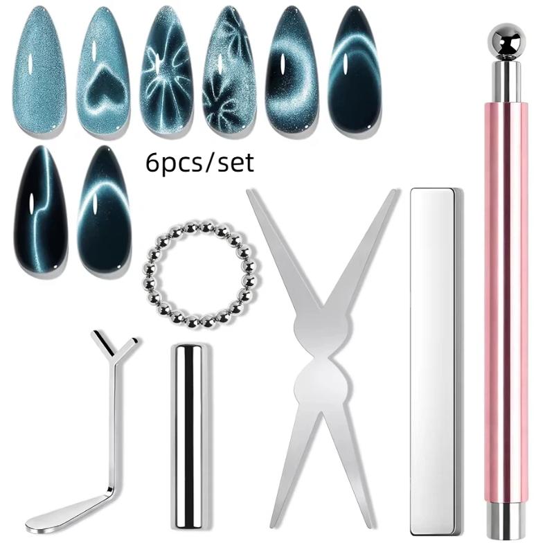 6Pcs Cat Eye Nail Magnet Tool Set, French Tips Cat Eye Heart Magnets Nail Magnet Stick Cat Eye Gel Polish Magnets Tools Manicure