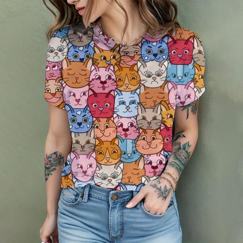 Women's T Shirt Comic Cat 3D Print Harajuku Summer Short Sleeve Top O Neck Casual Women's Oversized T Shirt Coolred Short Sleeve