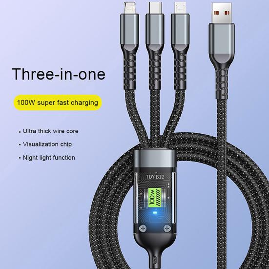 100W Transparent Data Cable with Power Display USB-C to 8-pin/Micro-USB Braided Charger Cord Fast Charging And Data Transfer Charging Cable