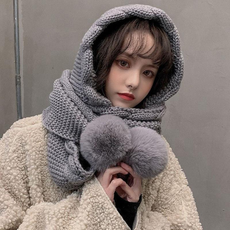 Women's Winter Hat Scarf Set Thermal Wool Pom Beanie&balaclava For Extreme Cold Versatile Hat With Attached Scarf Knitted Hat