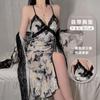 Women's Velvet Lace Butterfly Print Padded Drawstring Slit Sleep Dress with Robe Set