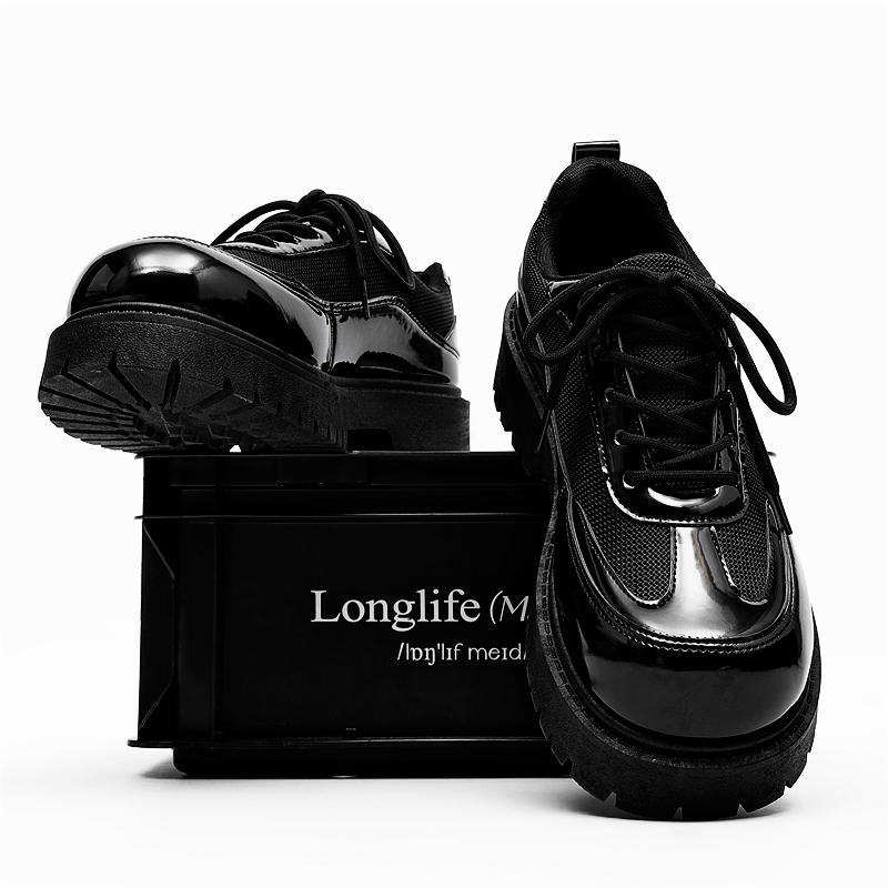 Fashion Solid-Color Patent Leather Mesh Men's Lace-Up Casual Shoe Comfortable And Durable Walking Shoe Breathable Round-Toe Travel Shoes