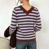 Damen V-Ausschnitt Pullover, Gestreift, Lockerer Schnitt für Herbst und Winter