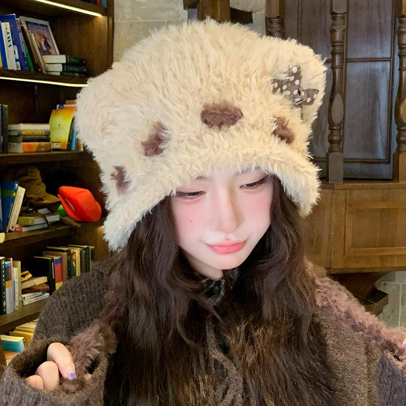 Korean Style Cute Bear Bow Plush Knitted Hat for Women Winter Warm Ear Protection Versatile Small Woolen Hat Showing Face
