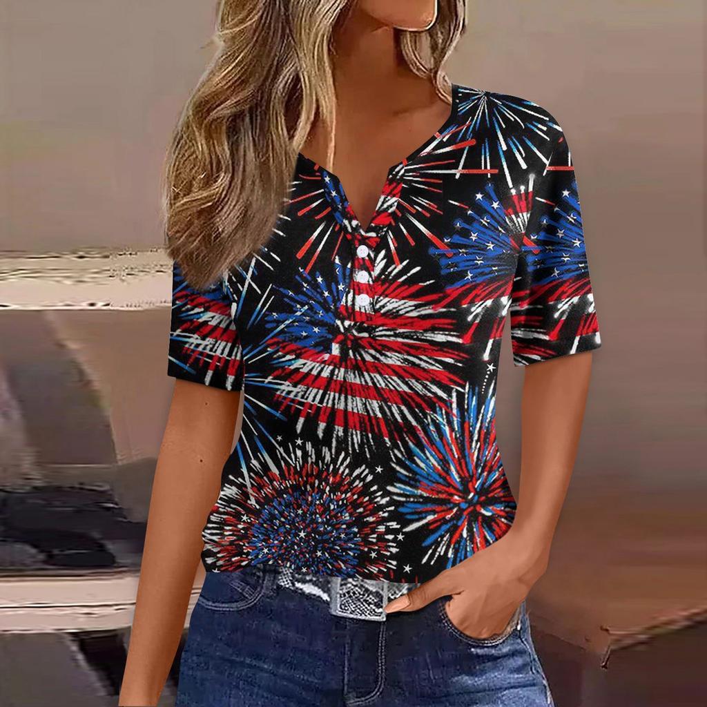 Women's T Shirt Tee Print Button Short Sleeve Daily Weekend Fashion Basic V- Neck Regular Top