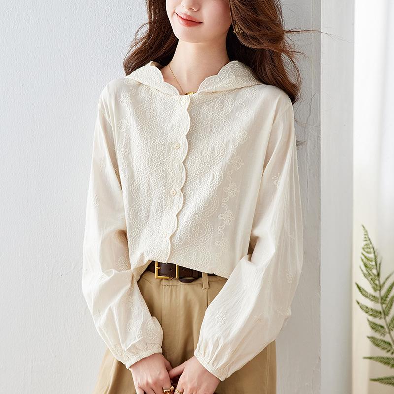 

Хлопковая вышитая рубашка Женское платье с длинным рукавом Весеннее Новая высококачественная женская рубашка XXL абрикосовый