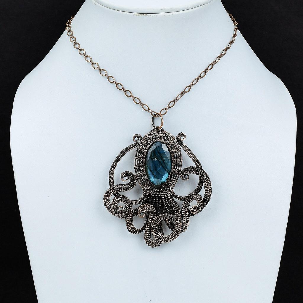 Faceted Labradorite Pendant Copper Wire Wrapped Gemstone Pendant Handmade Octopus Pendant Copper Wire Jewelry Designer Jewelry Gift For Him