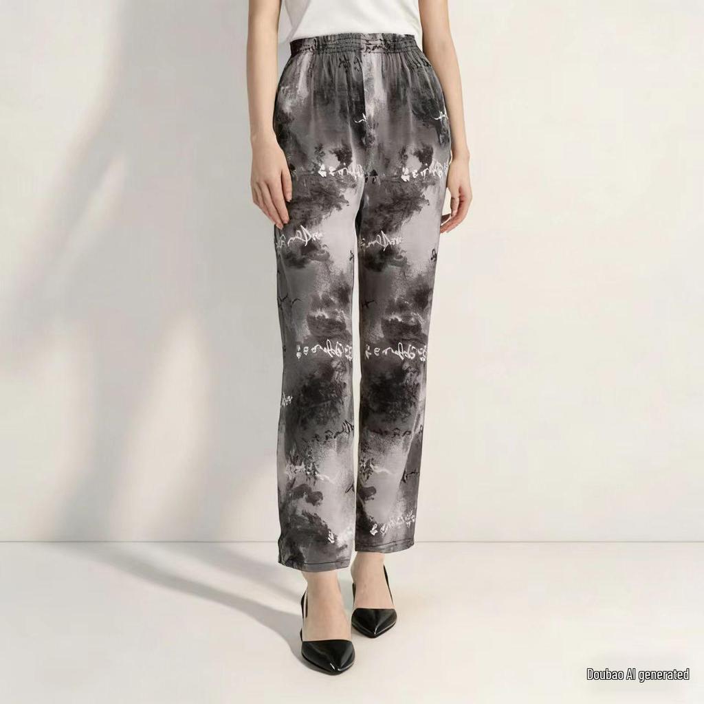 Summer Plus Size Ice Silk Stretch Straight Leg Pants - Loose Slimming High Waist for Women