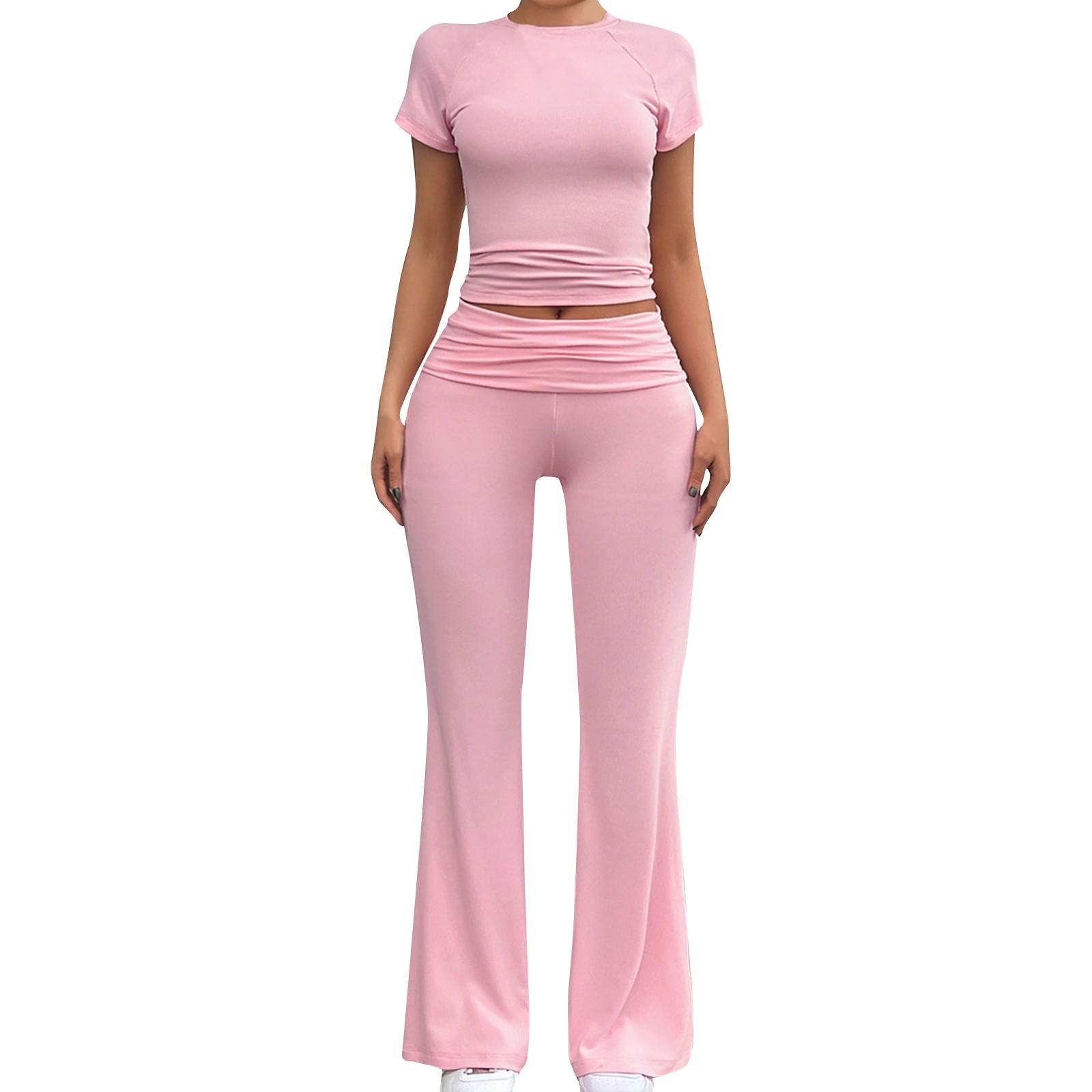 

Летний повседневный однотонный узкий костюм с круглым вырезом и короткими рукавами XL розовый