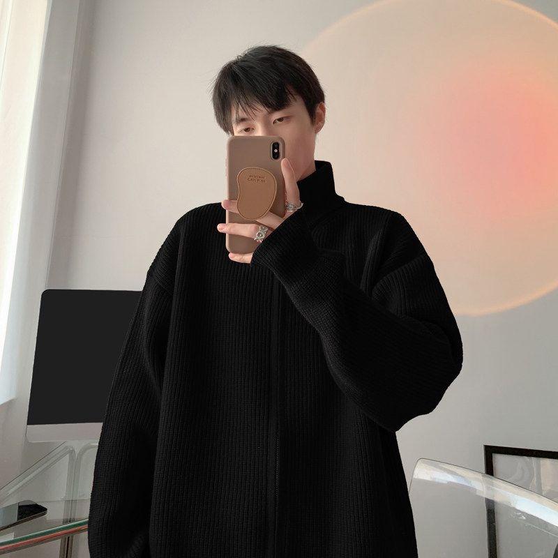 Zipper Stand Collar Cardigan Sweater Men In Autumn Winter Lazy Style Knitted Thickened Jacket