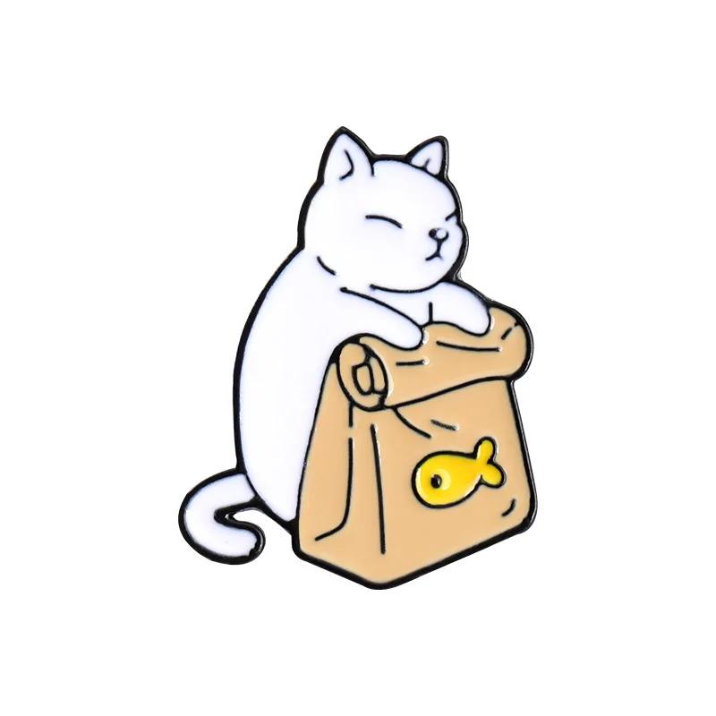 

Cute Black White Cats Enamel Pins Fish Brooches Cartoon Animal Badges Denim Lapel Metal Pin for Kids Women Bags Backpack Clothes