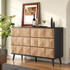 The sideboard and the dresser are characterized by a combination of black and natural wood tones as well as raised doors.