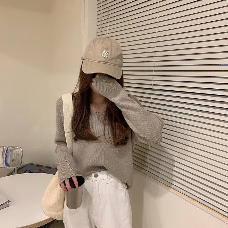 Lässiger Stil V-Ausschnitt Rippstrickpullover Damen Herbst Winter Instagram Chic Langarm Unterzieh-Top Basisschicht