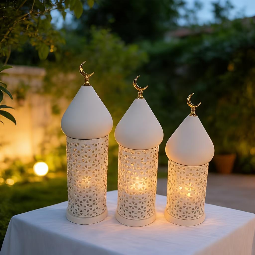 Ramadan Kareem Lantern Set White Moroccan Style Metal Hollow with Golden Crescent Moon Mubarak Home Tabletop Festival Decor