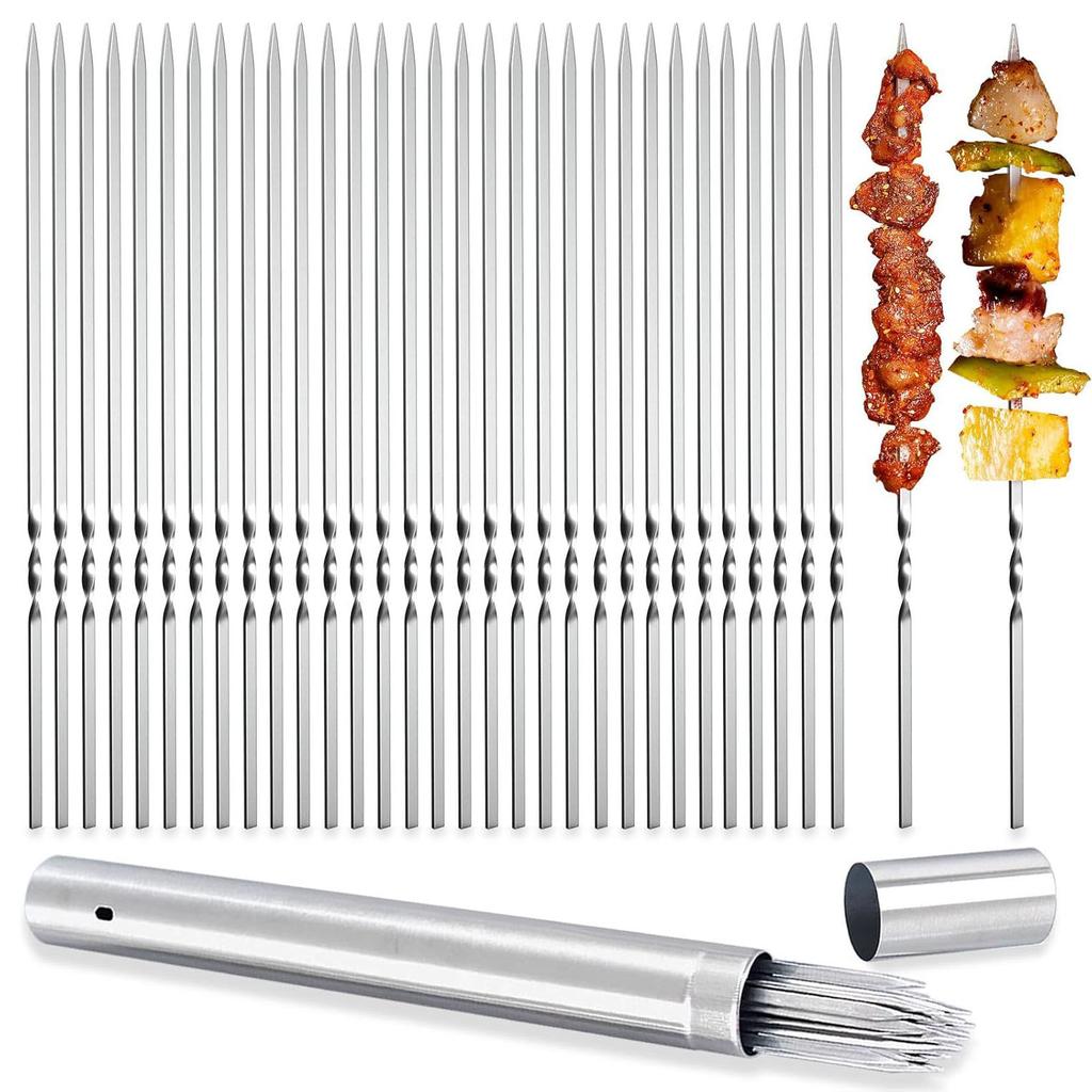 40 UNIDADES de Acero Inoxidable 304, 34.3 cm de Largo, Brochetas Planas para Barbacoa, Brochetas para Kebabs BBQ con Tubo de Almacenamiento Metálico, Reutilizables para Asar