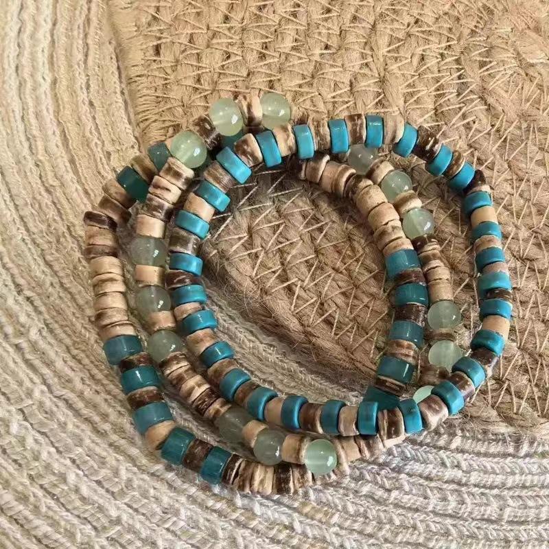Natural Stone Wood Chip Coconut Shell Elastic Beaded Bracelet Set Retro Couple Beach Bracelet