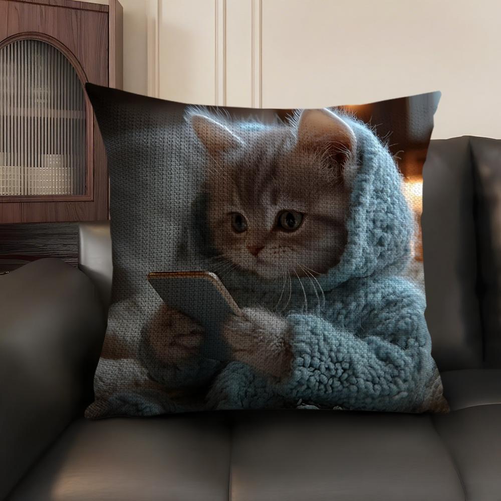 Cute Cat Holding Phone Cushion Cover Natural Linen Organic Fabric DoubleSided Printing Sofa Home Decor Gift Pillow Case