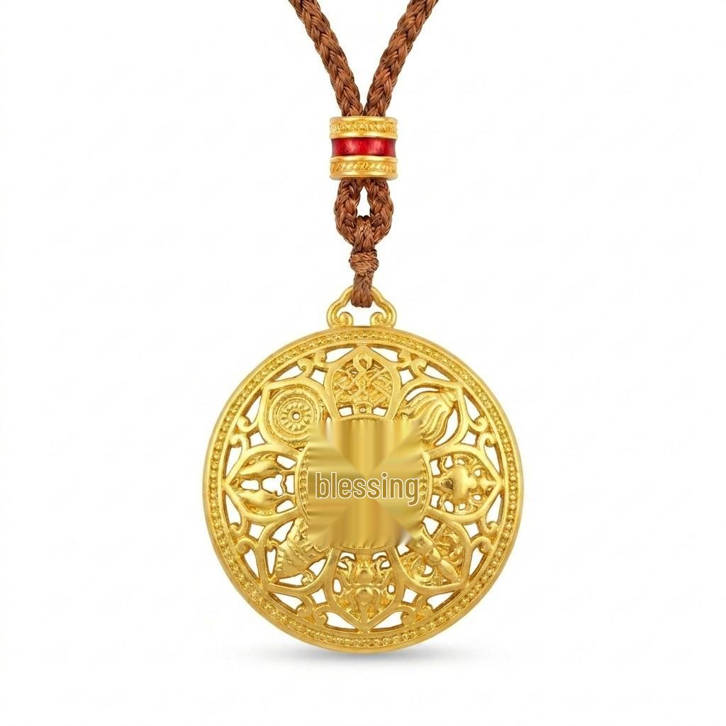 Sand Gold Filigree Openwork Necklace: Colorfast, Double-Sided, 3D Pendant with Eight Treasures Fortune Character, Includes Necklace Cord.