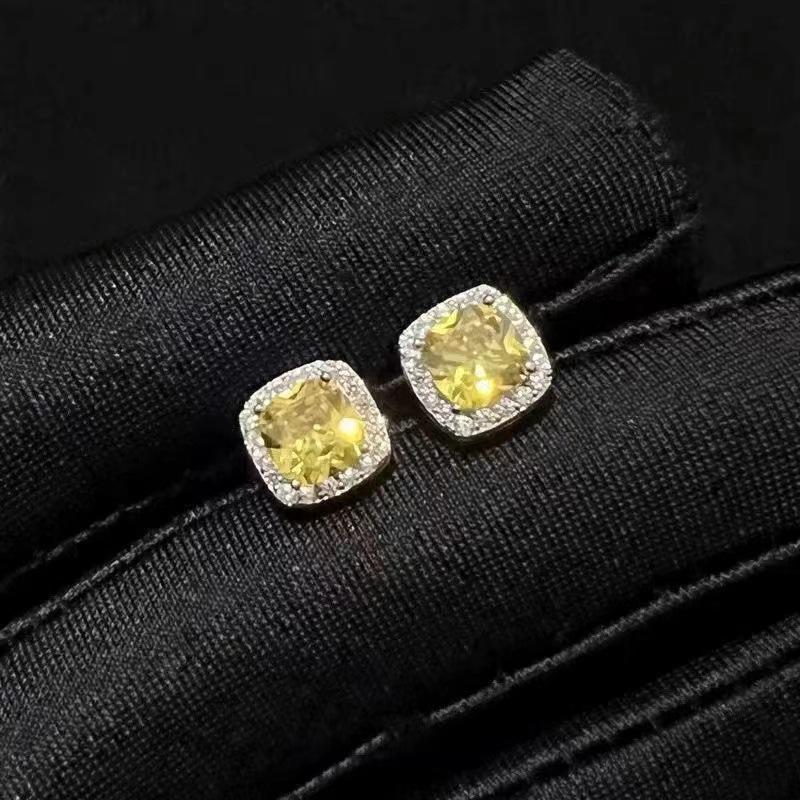 925 Silver Needle Men's Yellow Diamond Zircon Earrings, European & American Hip-Hop Style, High-End Unisex Jewelry.
