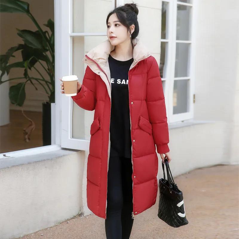 Parka supradimensionată căptușită cu bumbac de iarnă pentru femei Jachete ocazionale la modă coreeană cu guler cu glugă, cu tivul cald, jachetă puf până la genunchi