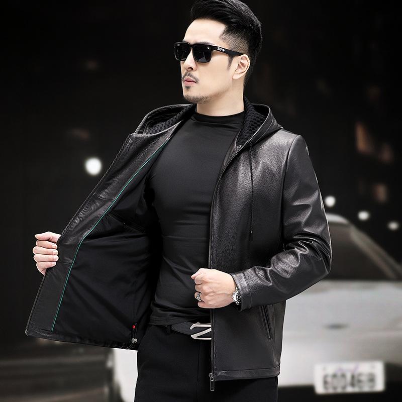 

Осень и зима, новая мужская куртка из натуральной кожи, мужская куртка из овчины с капюшоном, деловая повседневная мужская куртка с тисненой технологией 5XL