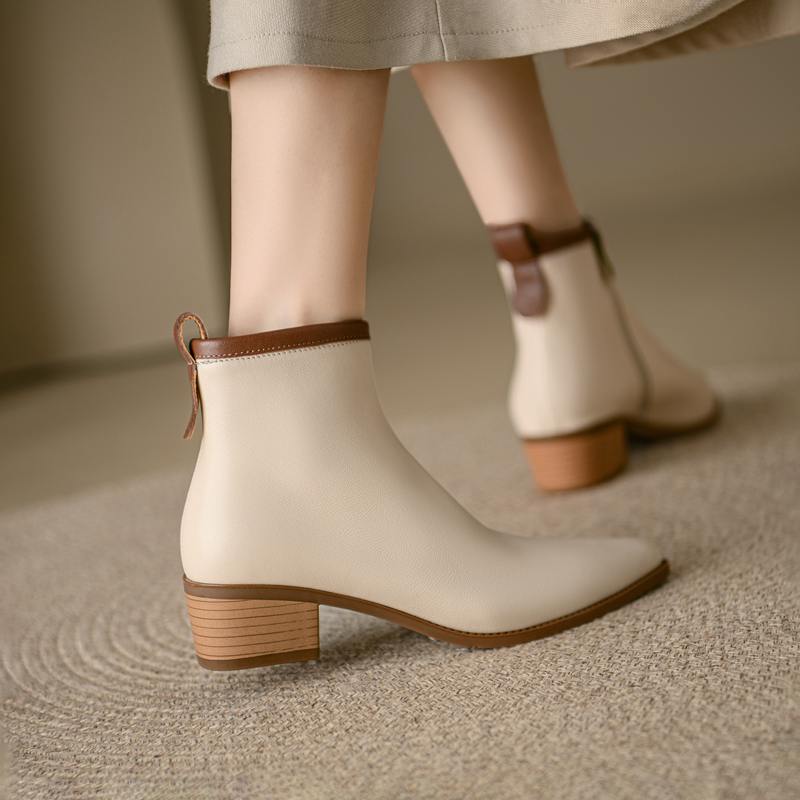 Krazing Pot Full Grain Leather Autumn Winter Shoes Med Heels Chelsea Boots Round Toe Keep Warm Zipper Mixed Color Ankle Boots