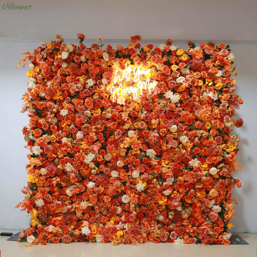 Uflower 5D Artificial Flower Wall Roll-Up Fall Theme Floral Wedding Curtain Backdrop Fabric for Garden Decoration Events