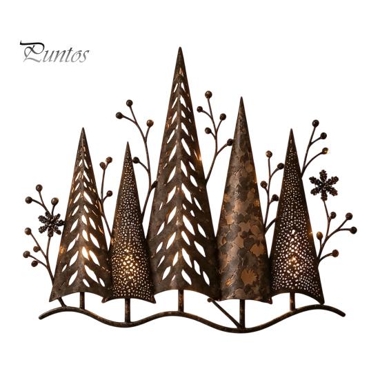 Rustic Metal Wall Art Vintage Lighted Woodland Decor, Pine Forest Tree Outdoor Porch Sculpture with LED Lights for Farmhouse Cabin Winter Home