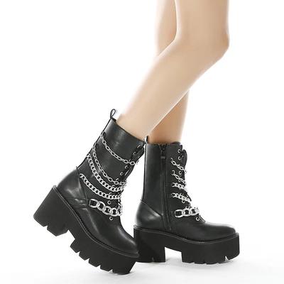 Goth Rivet Emo Shoes Platform Heeled Boots Women Big Size Chain Metal Decoration Chunky Heels Combat Boots Mid Calf
