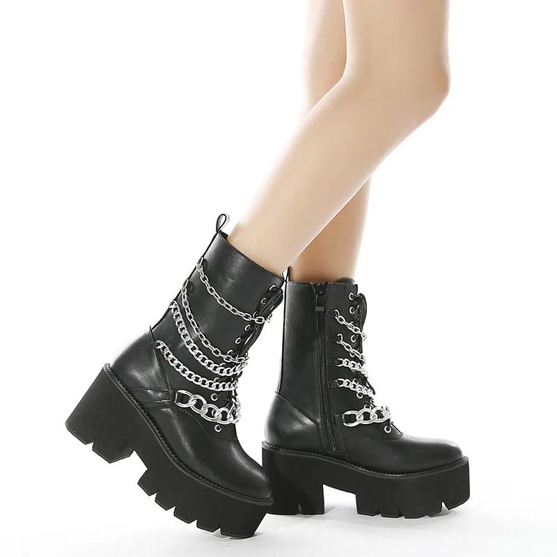 Fashion Goth Rivet Emo Shoes Platform Heeled Boots Women Big Size Chain Metal Decoration Chunky Heels Combat Boots Mid Calf