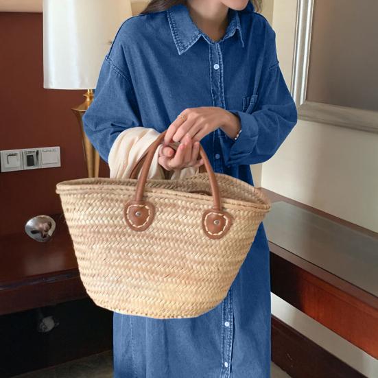 Women's Denim Shirt Dress Roll Up Long Sleeve Button Down Maxi Dress