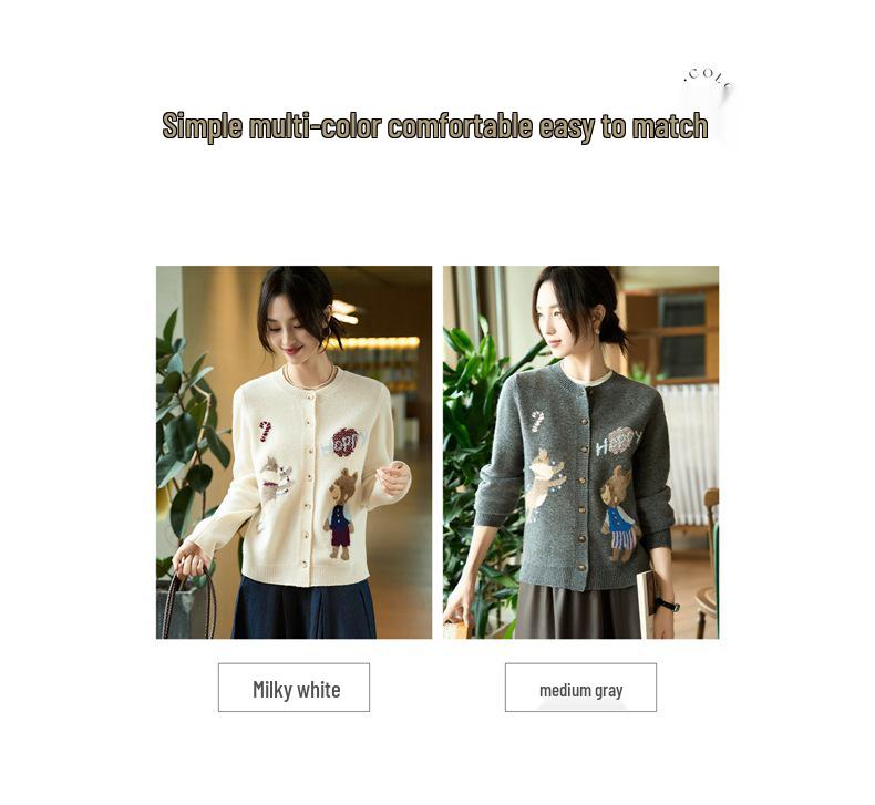 Women's High-End Embroidered Knitted Wool Cardigan, Long Sleeve Loose Fit Sweater Coat for Autumn and Winter