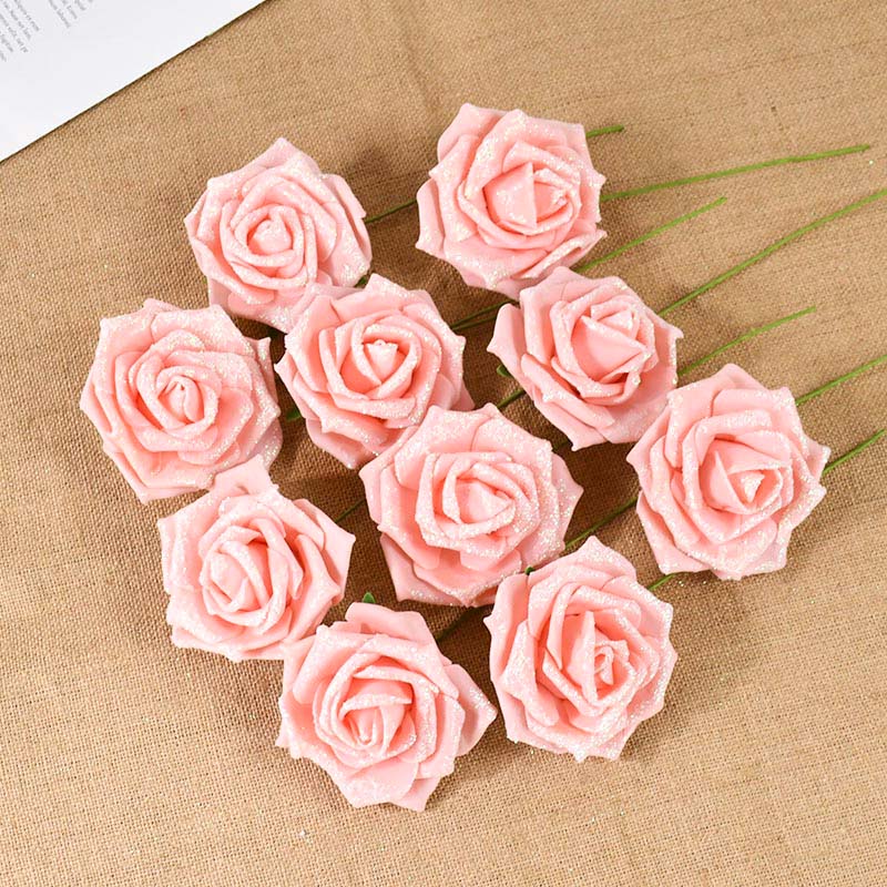 10/20 Stück Glitzer Künstliche Rosenblumen mit Stiel Blätter DIY Hochzeitssträuße Geburtstagsfeier Heimdekorationen DIY Bastelkranz