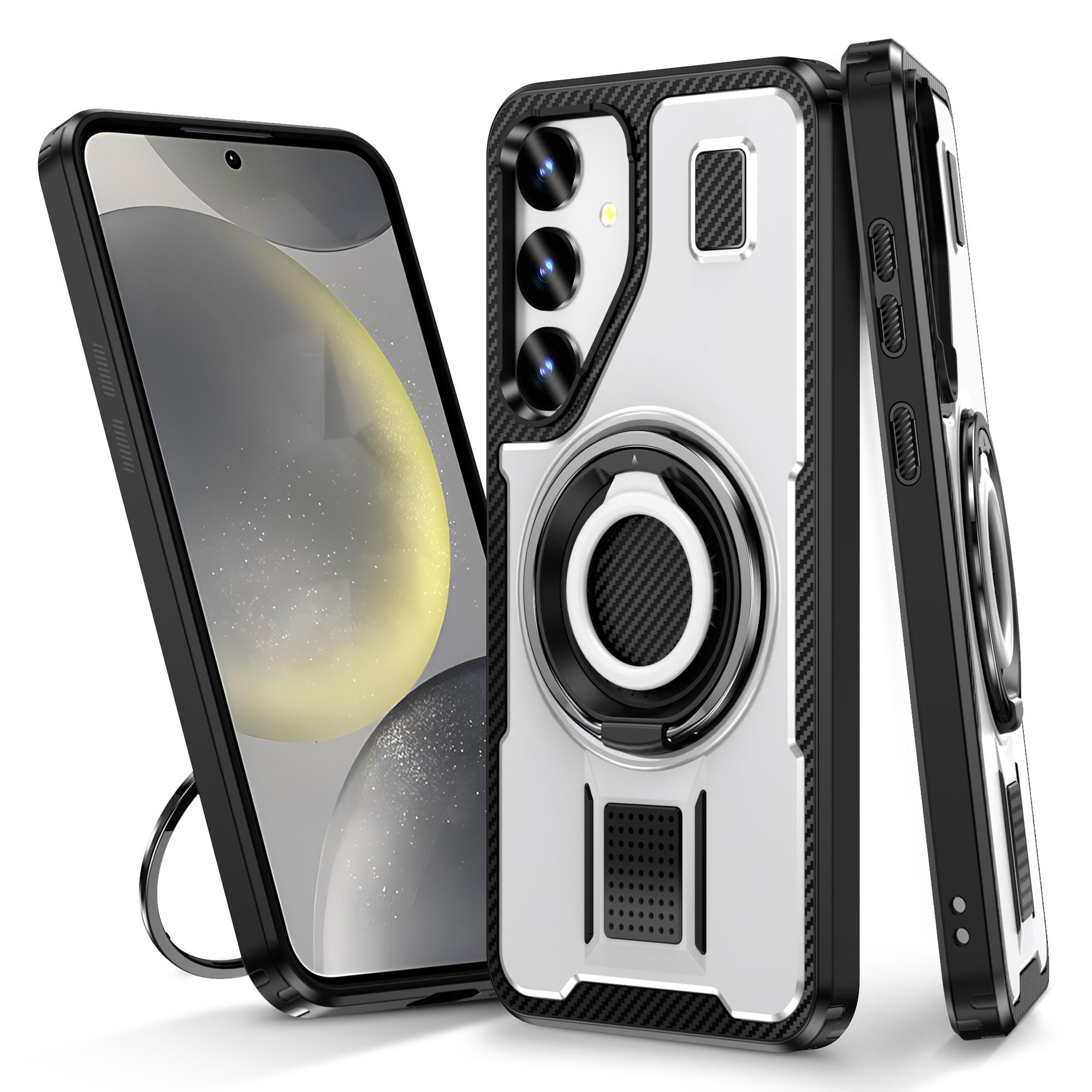 

For Samsung Galaxy S24+ Case TPU+PC Kickstand Phone Cover with Silicone Finger Strap White