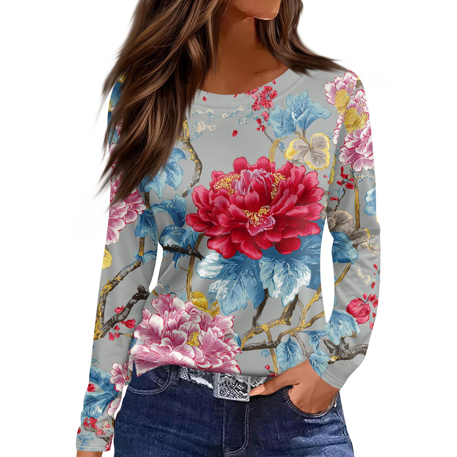 

Women s Fashion Hem Slit Casual Retro Floral Print Round Neck Long Sleeve Top XXL