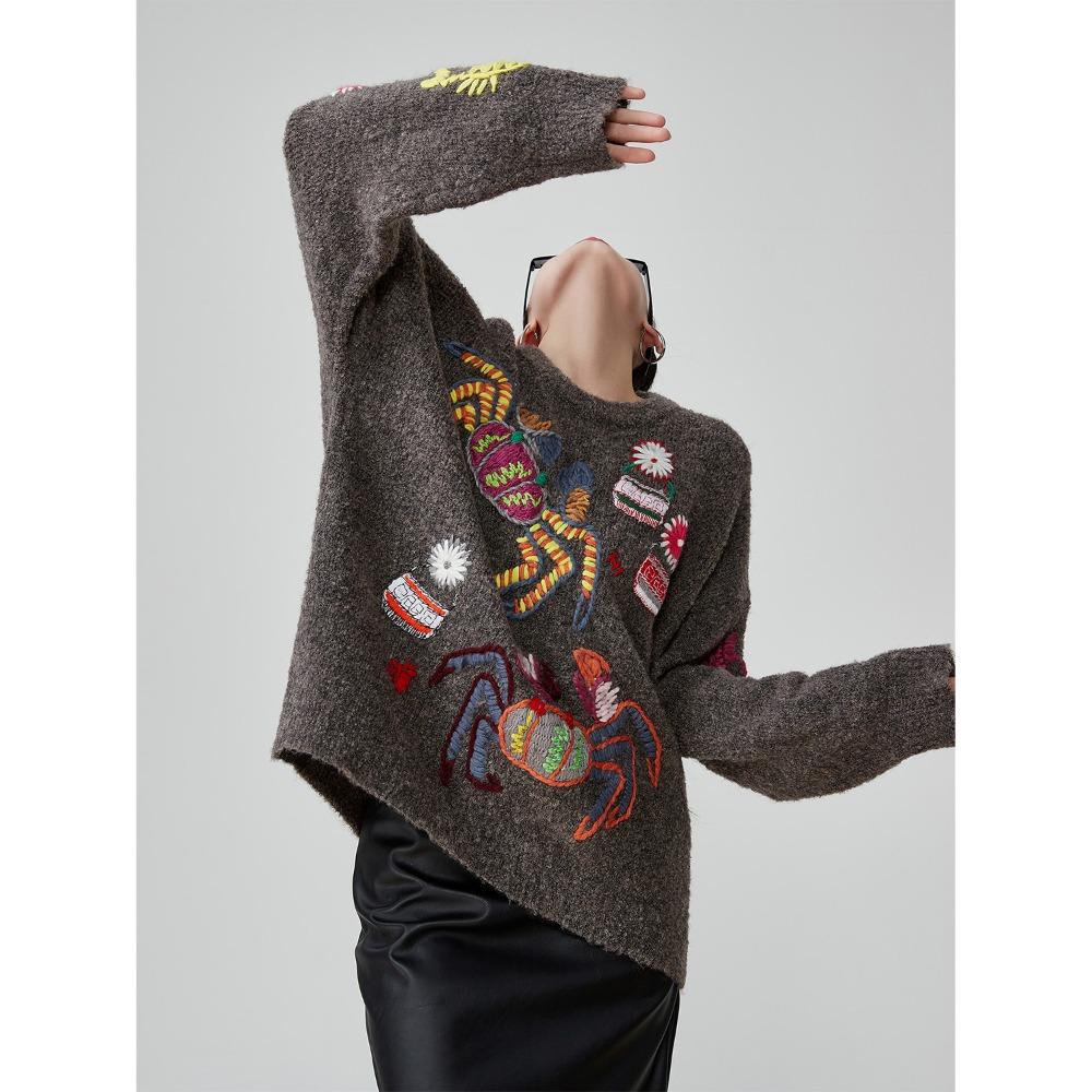 Dimanaf 2025 Women Autumn Embroidery Sweater Design Basic New Fashion Tops Tees Casual Loose Tees