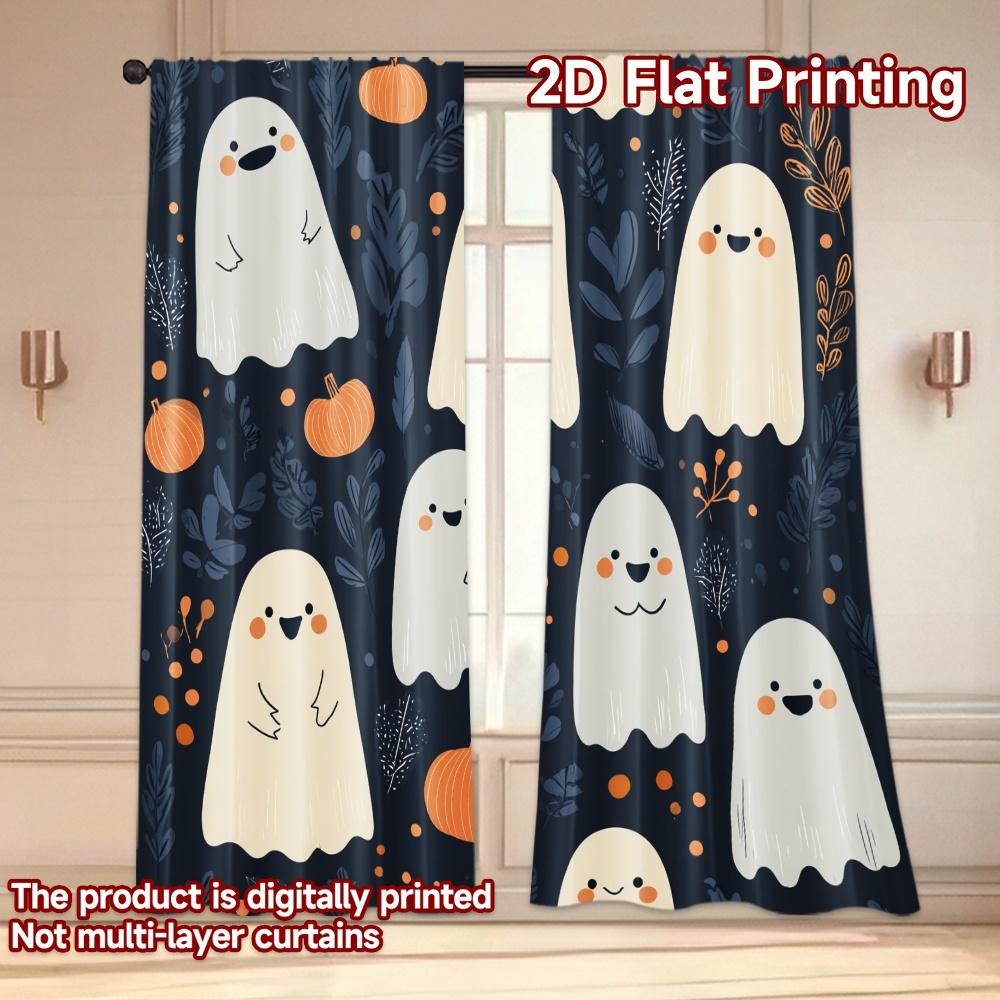 Set Of 2 Modern Flat Printing Curtains Without Rod Halloween Ghosts Pumpkins Fashionable Curtainments During New Curtain Made Polyester