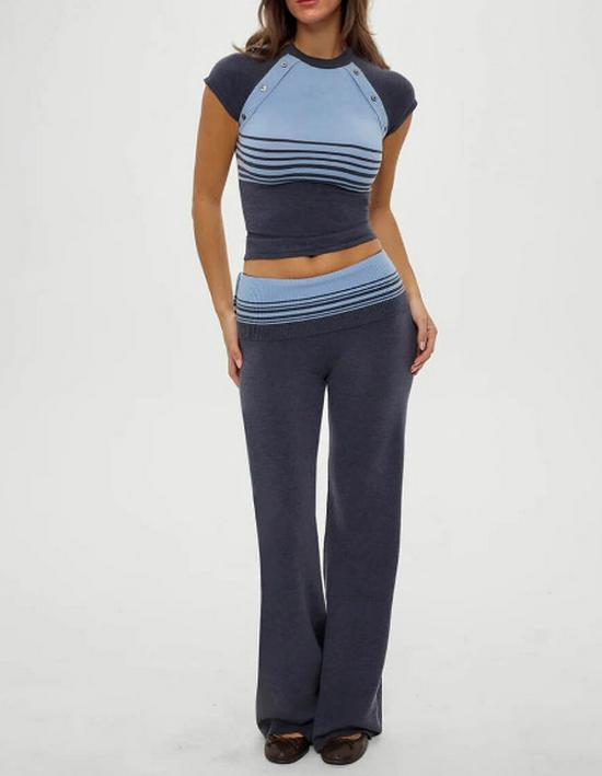 

2026 Retro Striped Knit Shirt & Low-Waist Pants Set - Fashionable Casual Wear 2X-Large