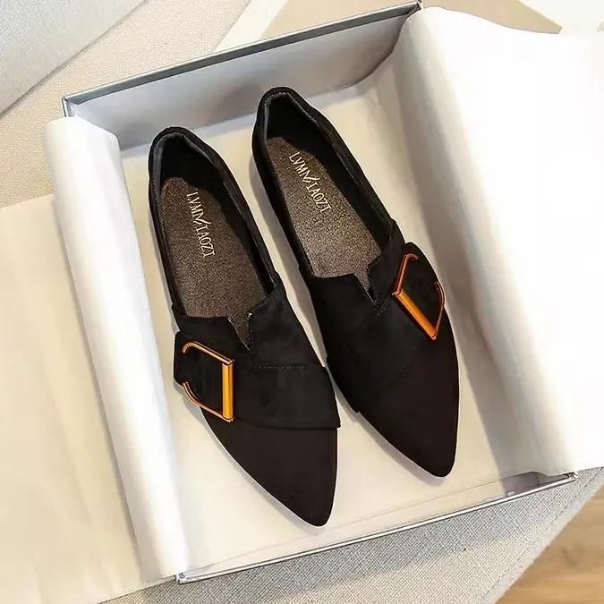 Women's Pointed-Toe Flat Suede Shoes - Soft Leather Pea Shoes for Spring and Autumn