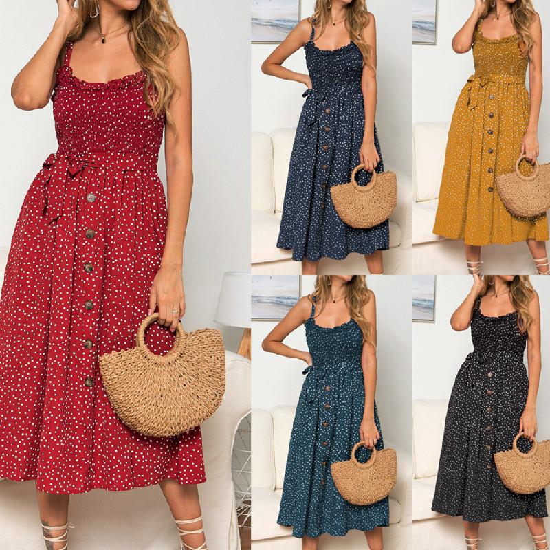 Polka Dot Print Princess Dress With Ruffle Trim Spaghetti Straps