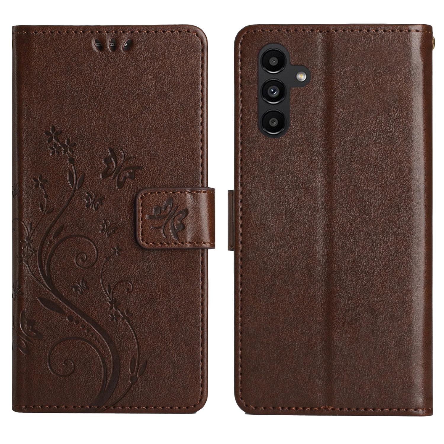

For Samsung Galaxy S24 FE Leather Wallet Case Butterfly Flower Imprinted Phone Cover with Strap Brown
