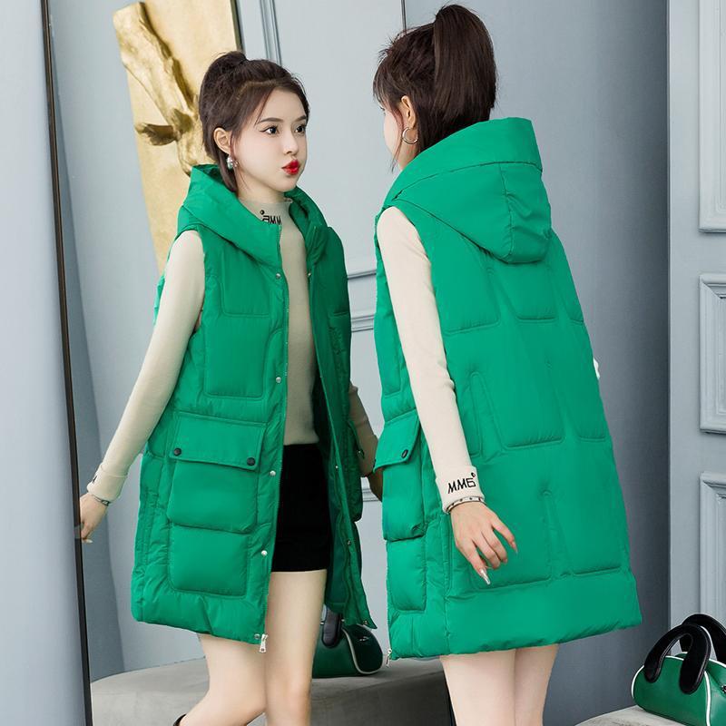 New medium and long cotton jacket down cotton vest autumn and winter women's vest loose hooded big pocket vest jacket