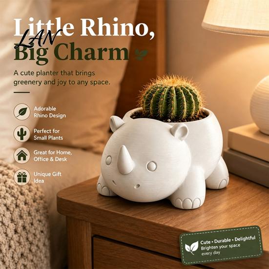 Desktop Plant Container Cute Rhinoceros Planter, 3D Printed Rhino Flower Pot, Animal Pot Decorative for Succulents Cactus Houseplants Unique Gardening